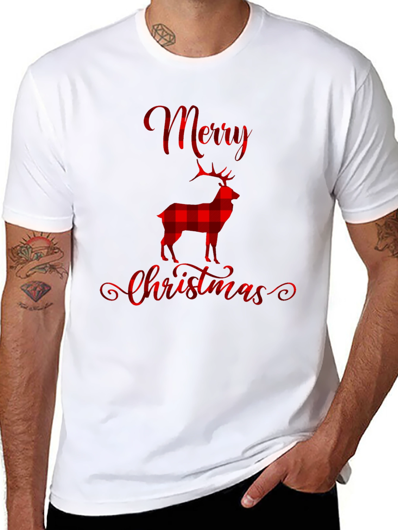 Merry Christmas Plaid Deer Graphic T-Shirt