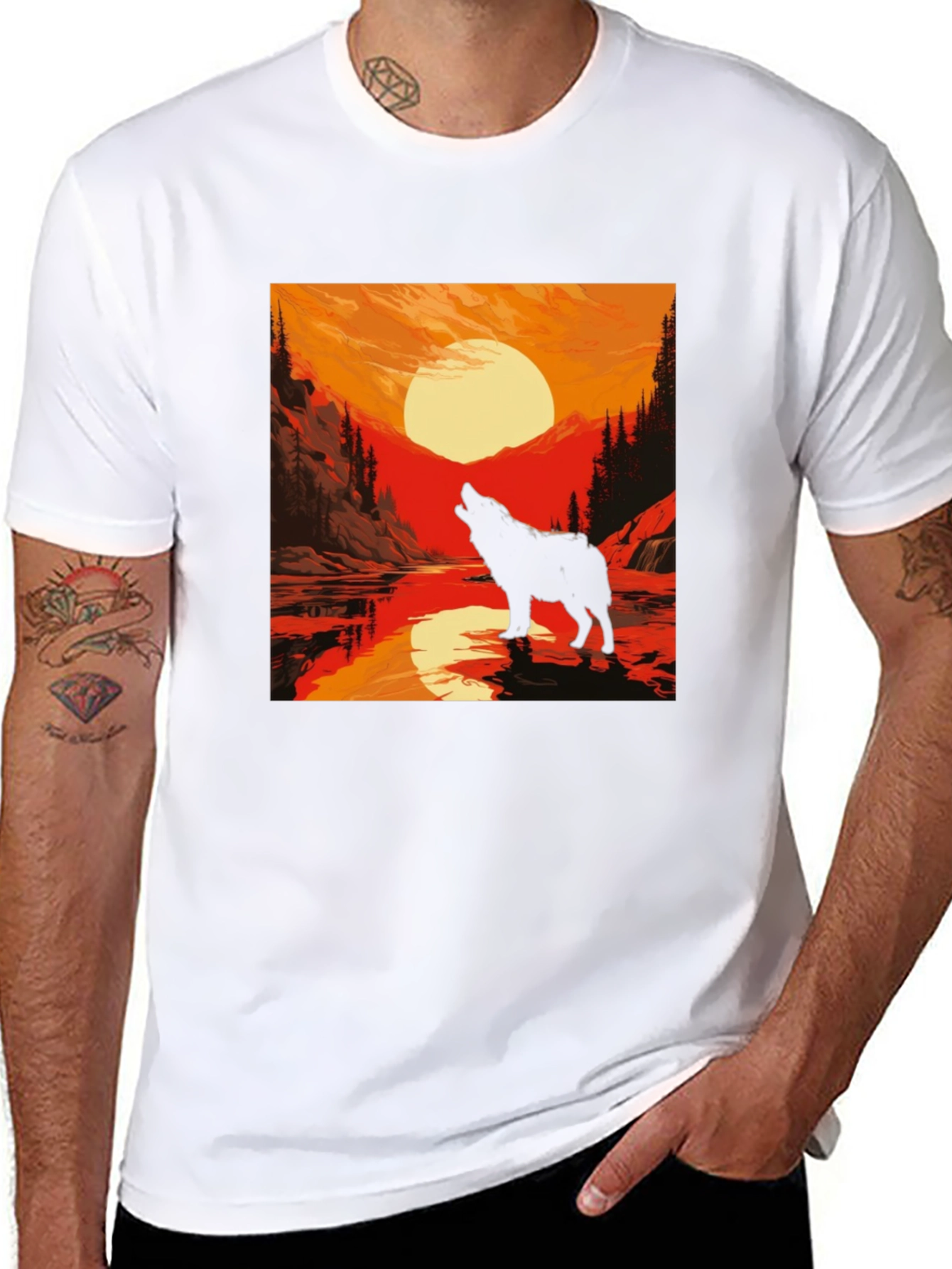 Wolf Howling at Sunset Graphic Tee - Black