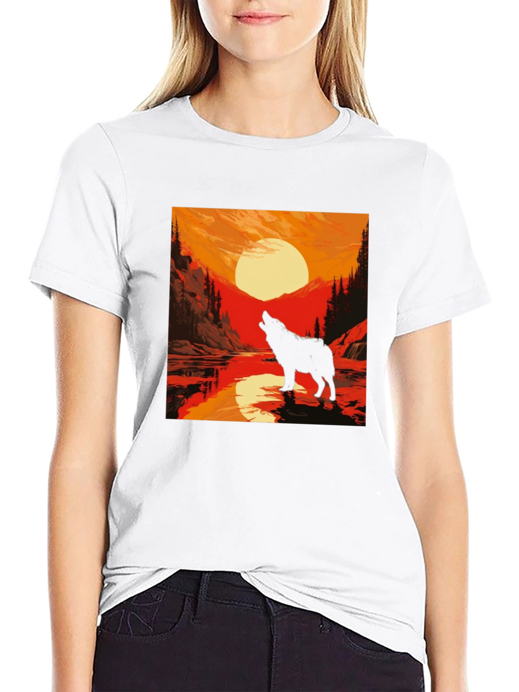 Wolf Howling at Sunset Graphic Tee - Black
