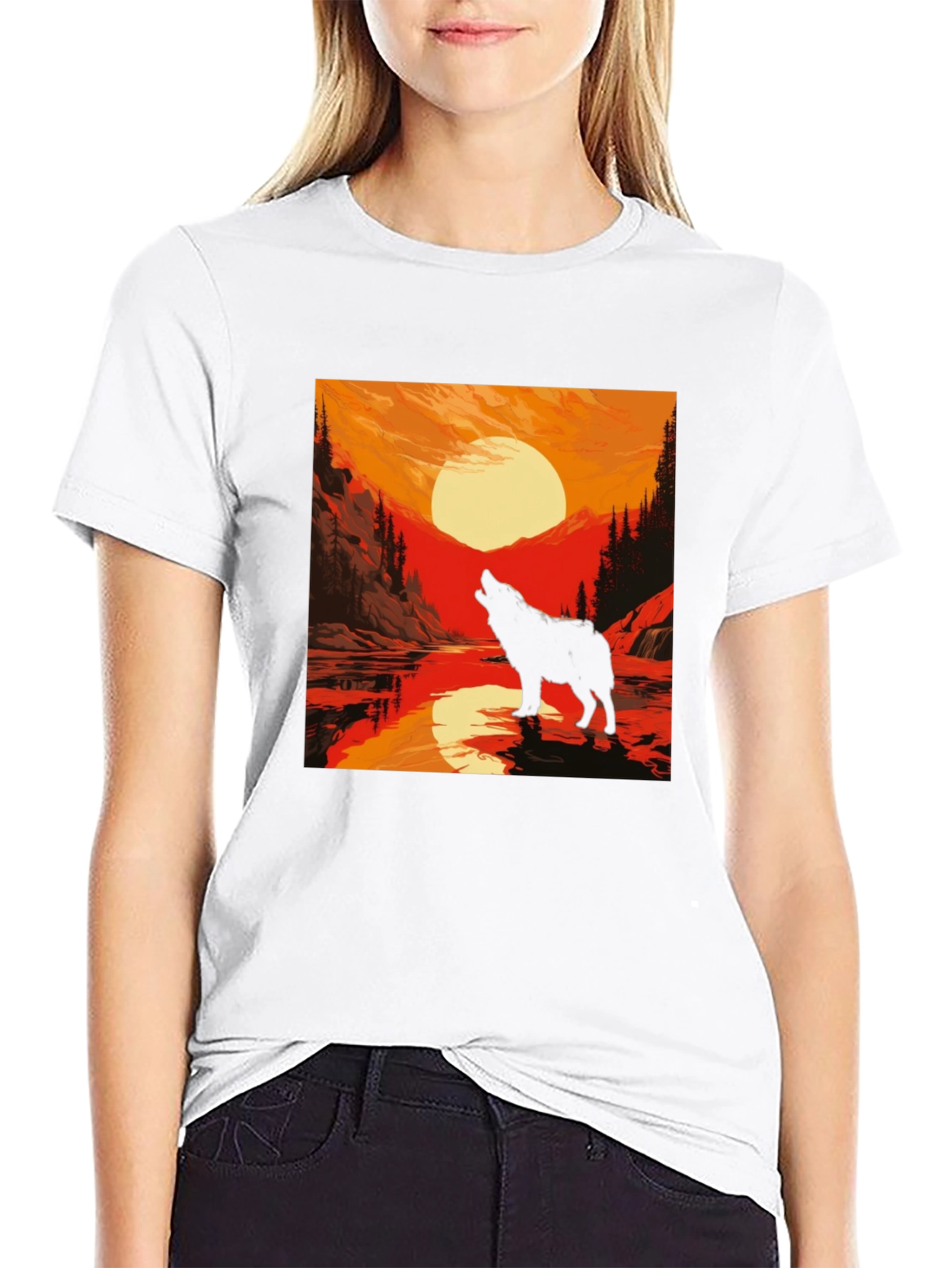 Wolf Howling at Sunset Graphic Tee - Black