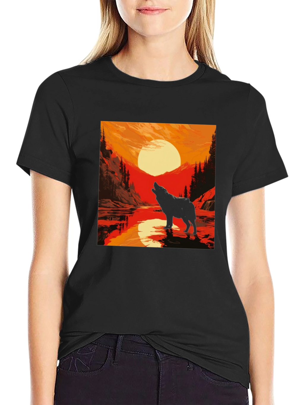 Wolf Howling at Sunset Graphic Tee - Black