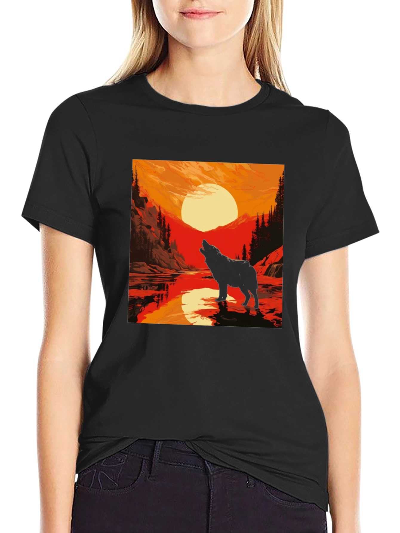 Wolf Howling at Sunset Graphic Tee - Black