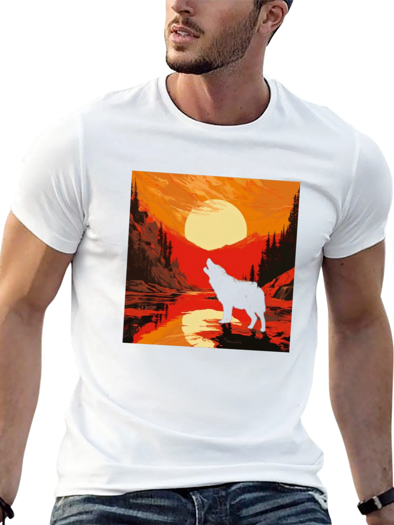 Wolf Howling at Sunset Graphic Tee - Black