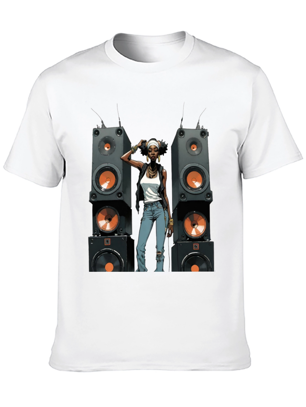 Black Graphic Tee: Woman & Speakers