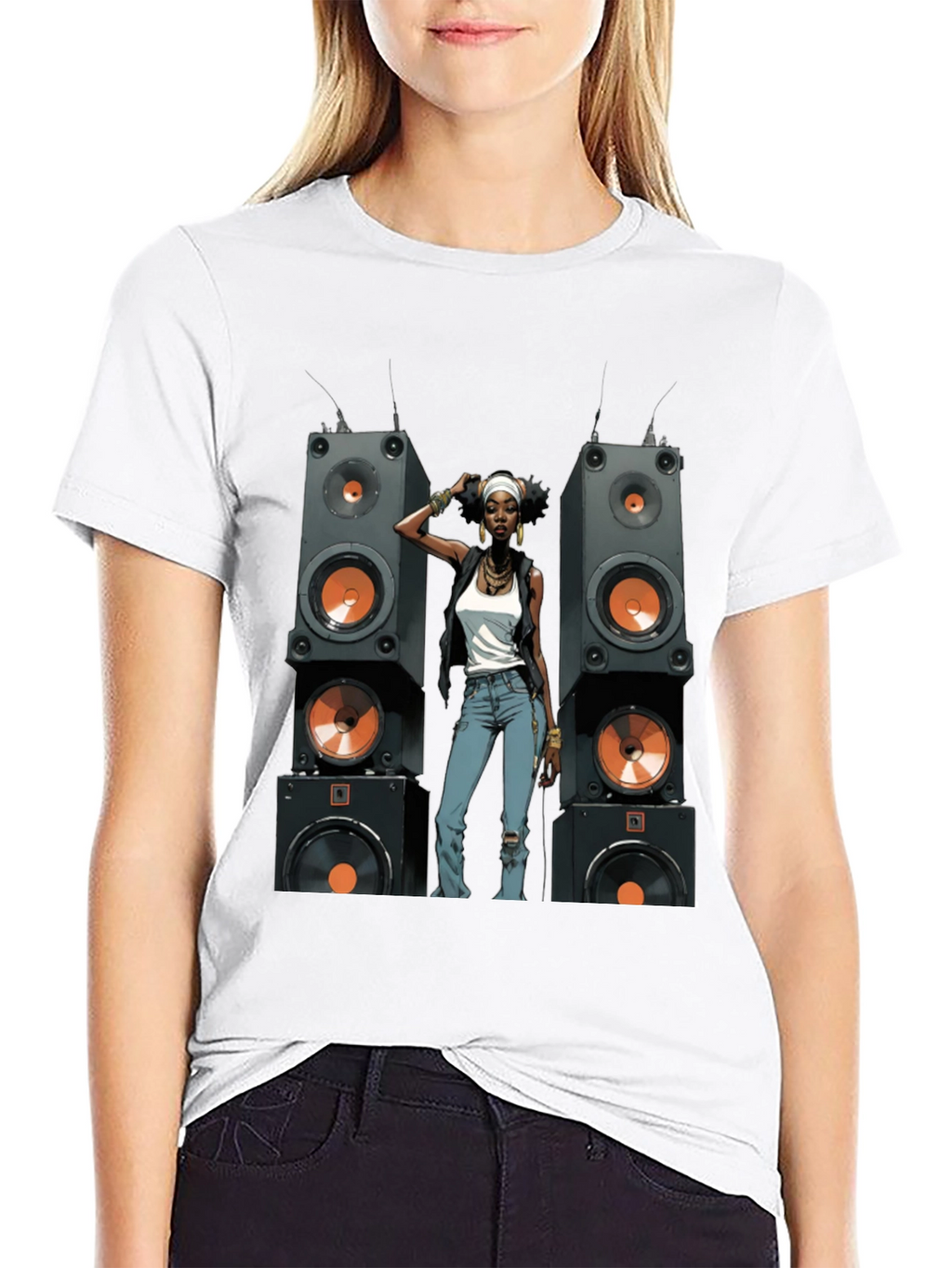 Black Graphic Tee: Woman & Speakers