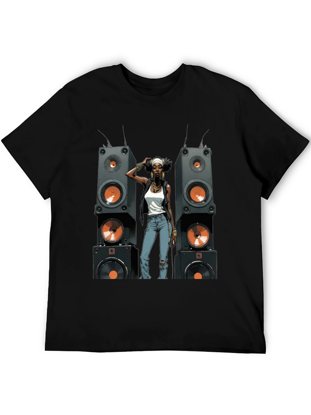 Black Graphic Tee: Woman & Speakers