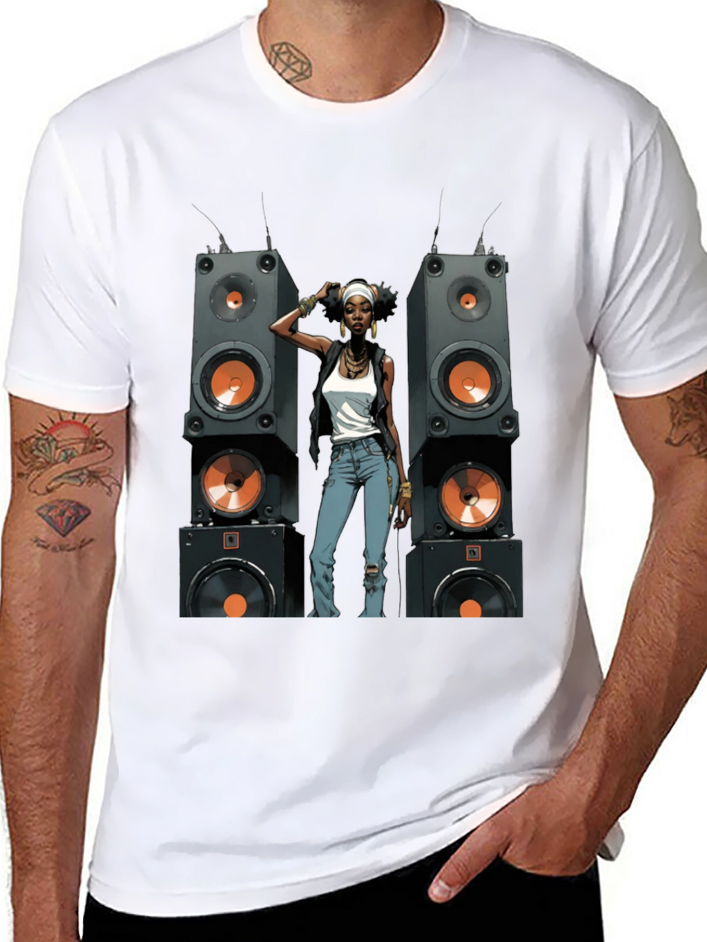 Black Graphic Tee: Woman & Speakers
