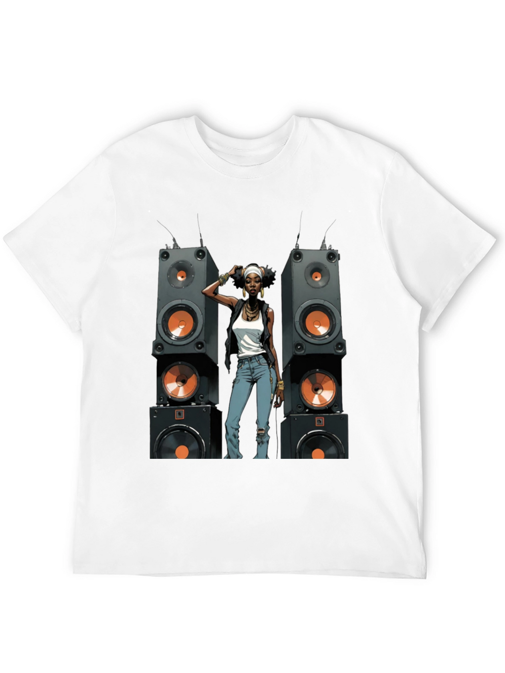 Black Graphic Tee: Woman & Speakers