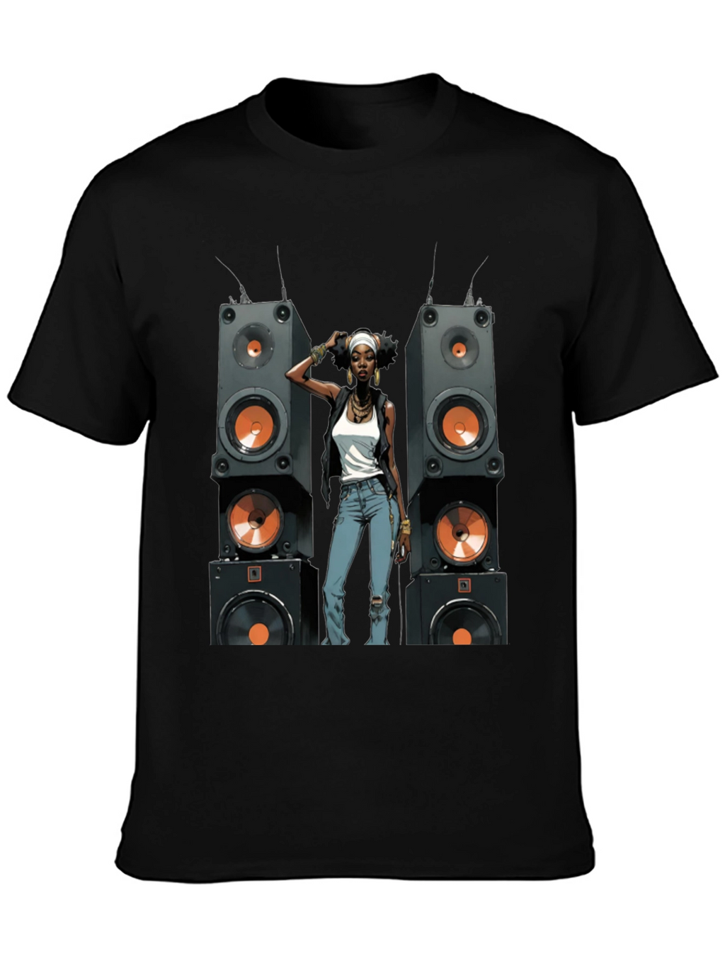 Black Graphic Tee: Woman & Speakers