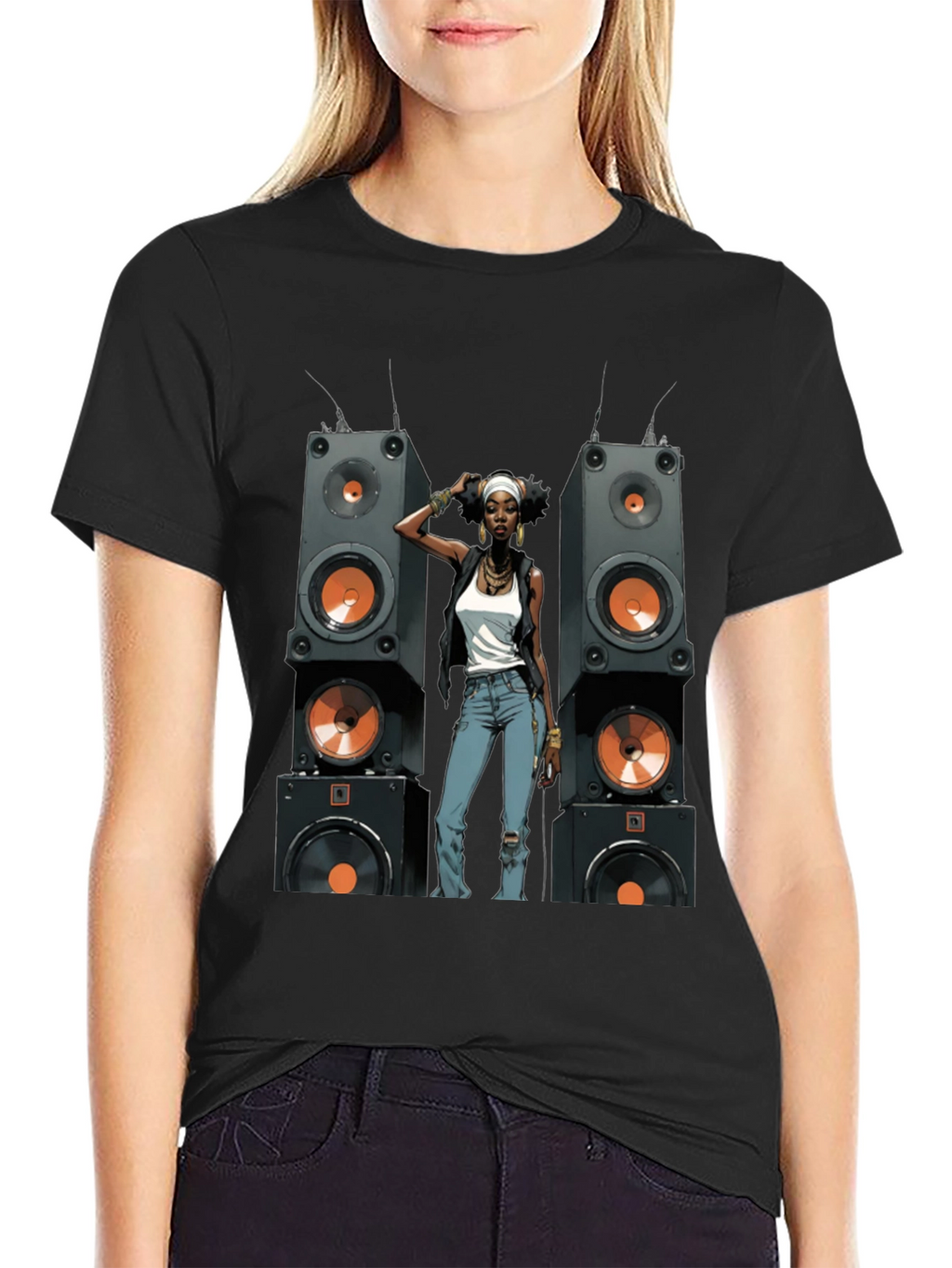 Black Graphic Tee: Woman & Speakers
