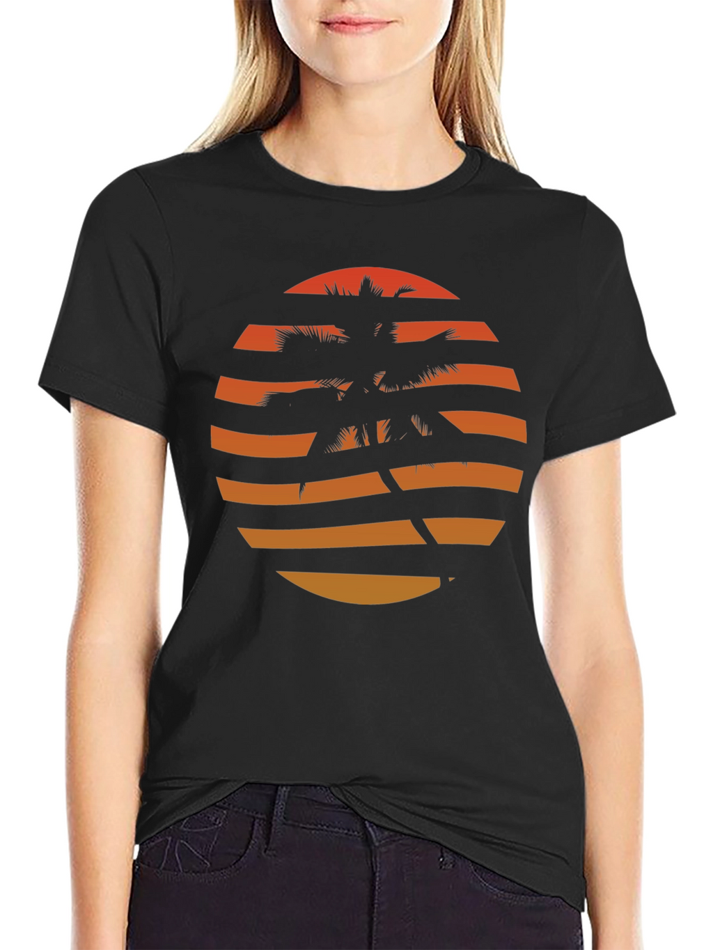 Retro Sunset Palm Tree Graphic Tee - Black