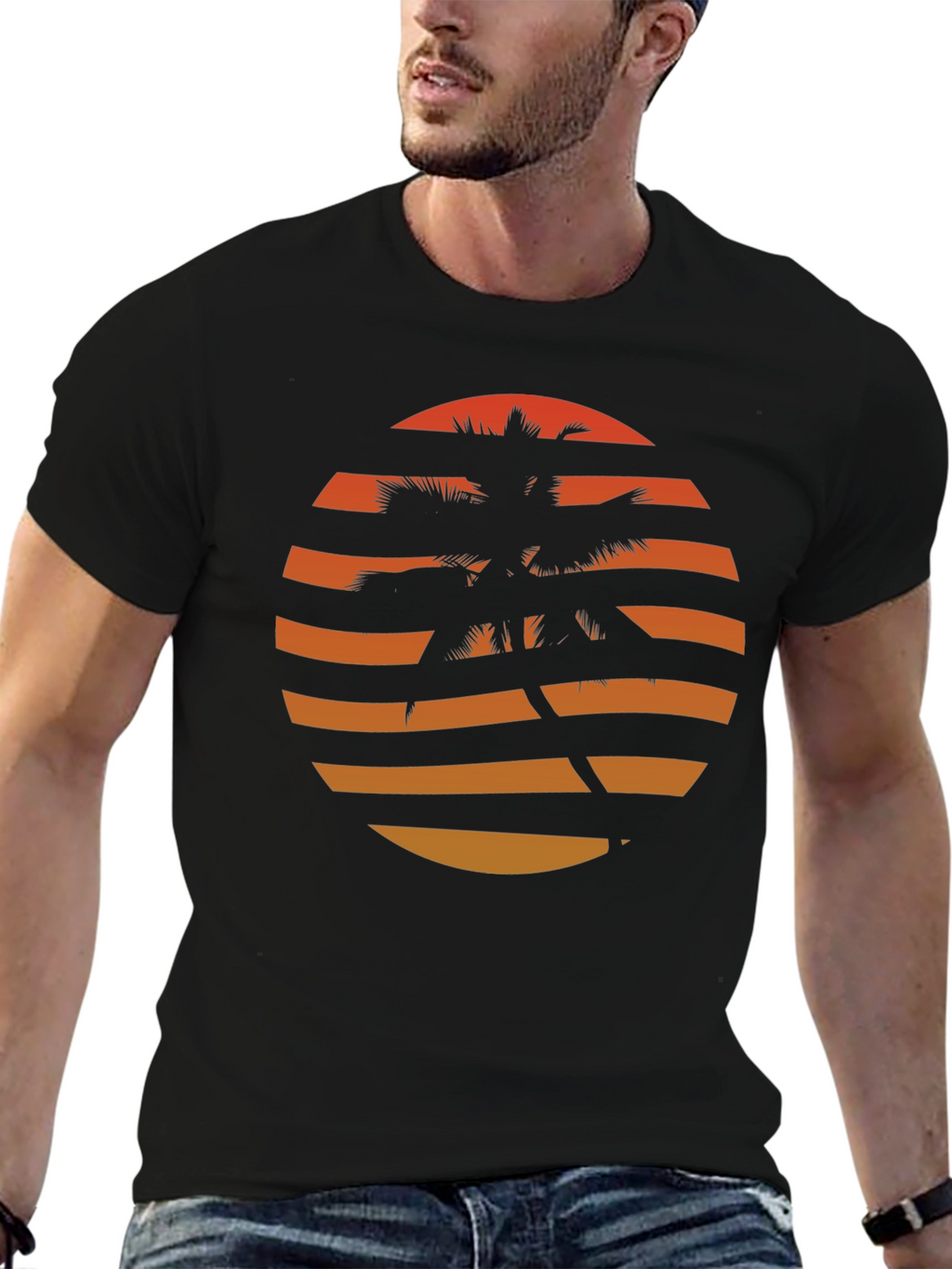 Retro Sunset Palm Tree Graphic Tee - Black