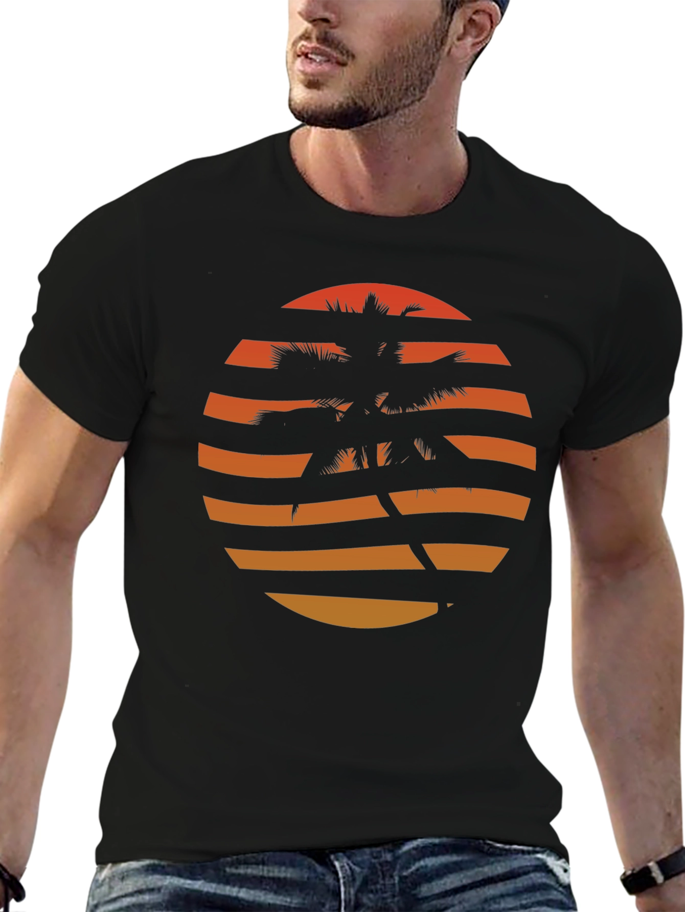Retro Sunset Palm Tree Graphic Tee - Black