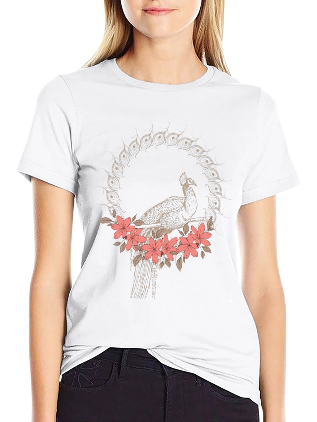 Peacock Floral Graphic Tee - Stylish Black T-Shirt