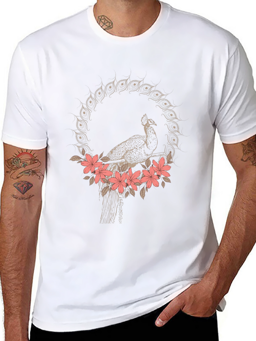 Peacock Floral Graphic Tee - Stylish Black T-Shirt