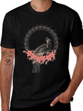 Peacock Floral Graphic Tee - Stylish Black T-Shirt