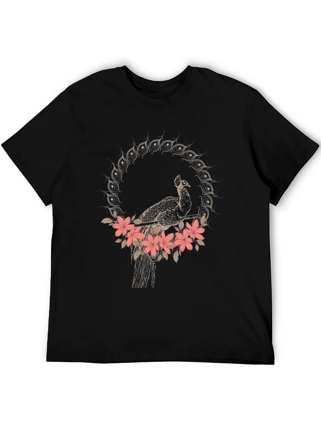 Peacock Floral Graphic Tee - Stylish Black T-Shirt