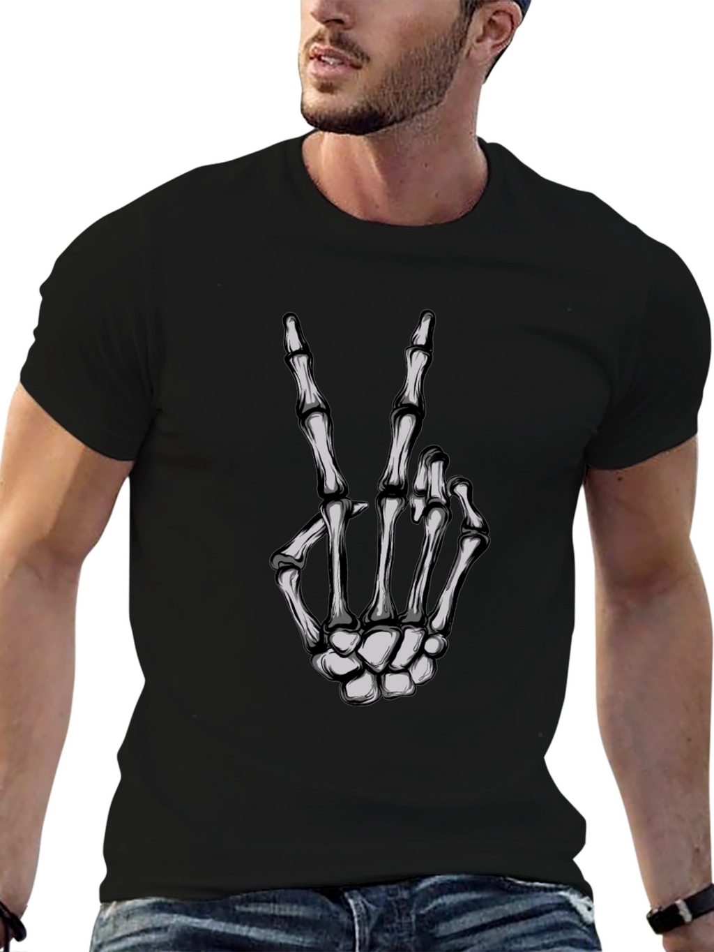 Skeleton Hand Peace Sign Graphic Tee
