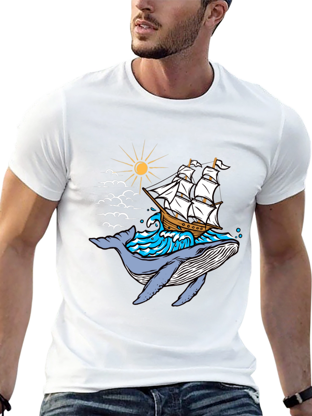 Whale Ship Graphic Tee - Black Cotton T-Shirt