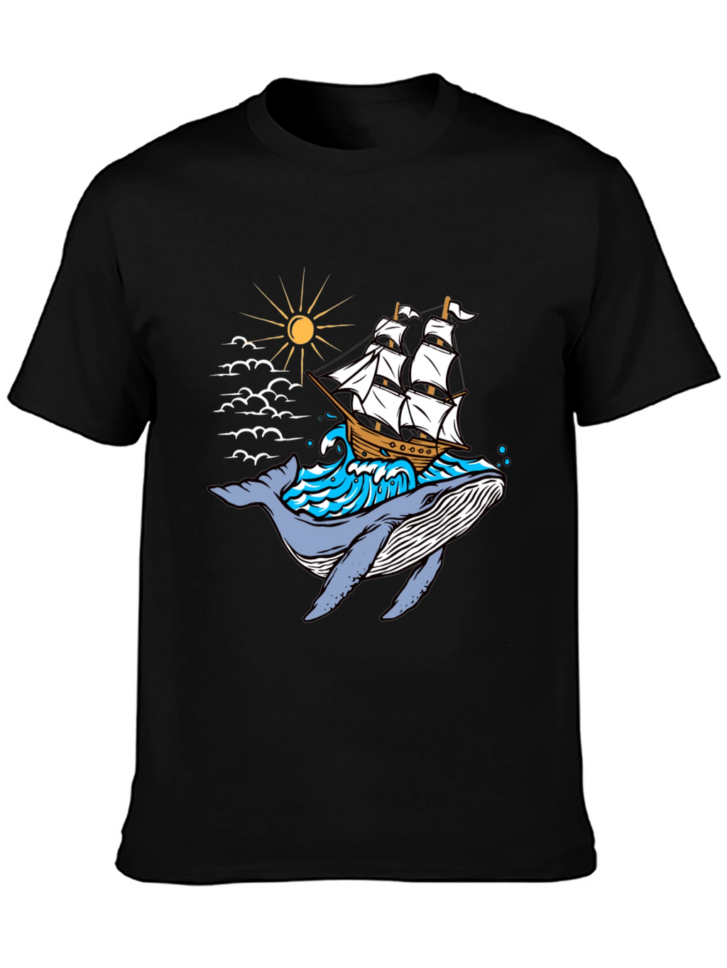 Whale Ship Graphic Tee - Black Cotton T-Shirt