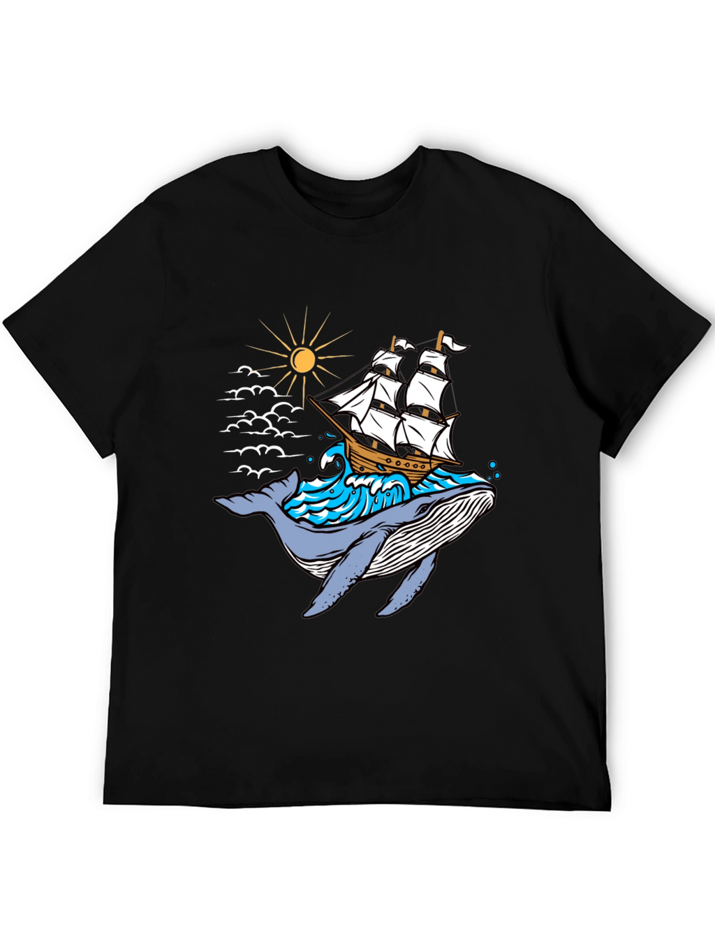 Whale Ship Graphic Tee - Black Cotton T-Shirt
