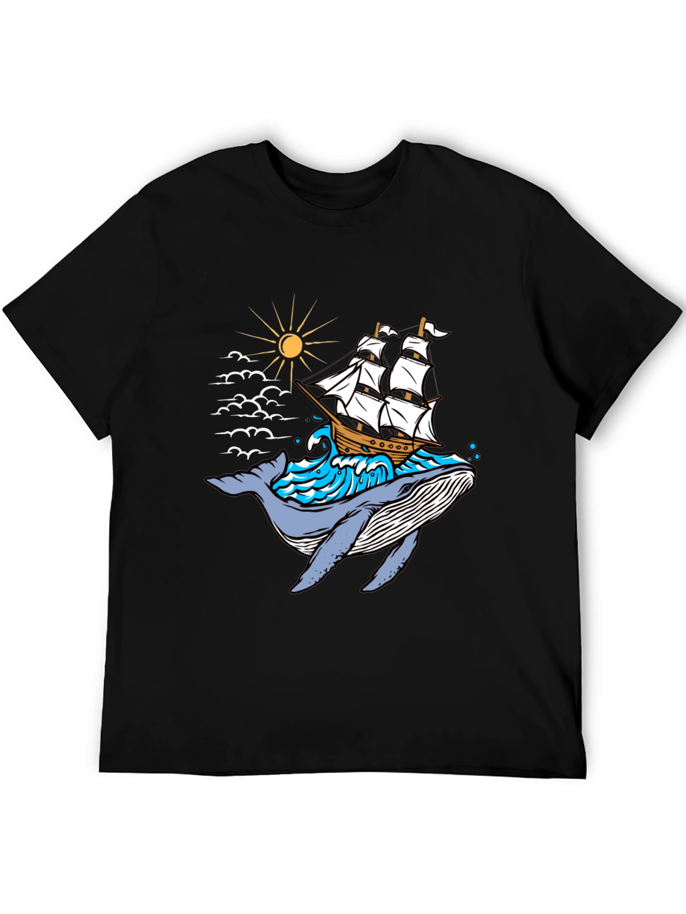 Whale Ship Graphic Tee - Black Cotton T-Shirt
