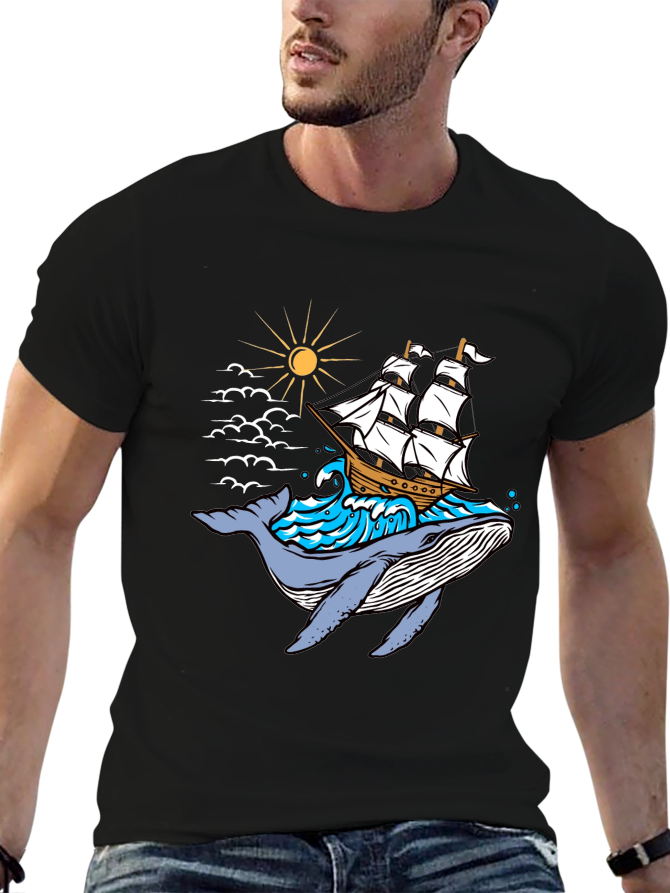 Whale Ship Graphic Tee - Black Cotton T-Shirt
