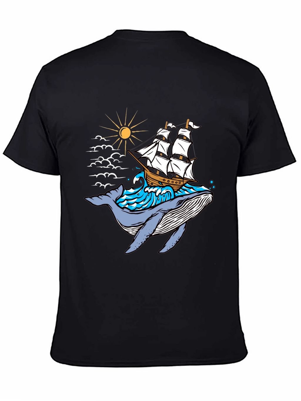 Whale Ship Graphic Tee - Black Cotton T-Shirt