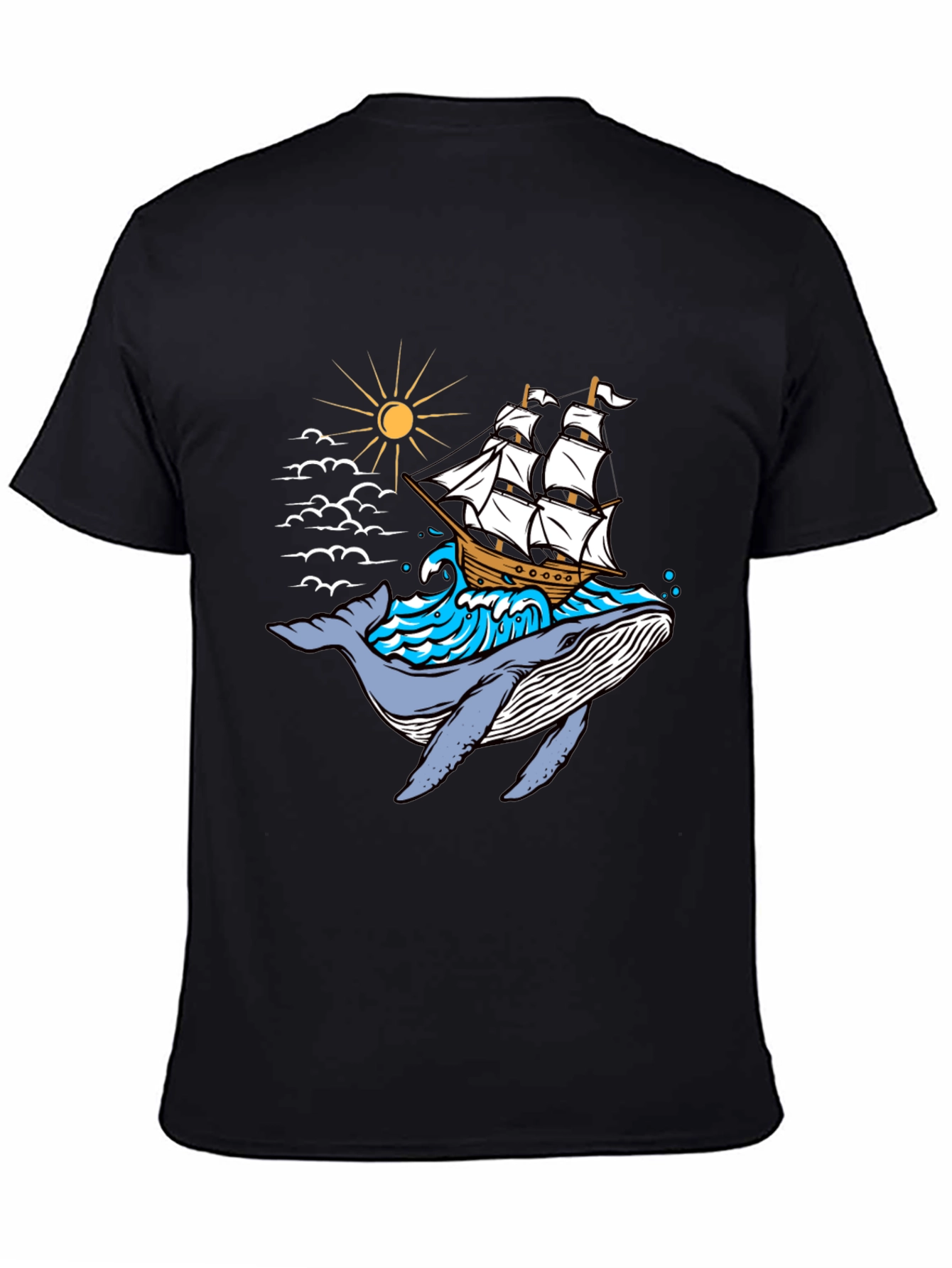 Whale Ship Graphic Tee - Black Cotton T-Shirt