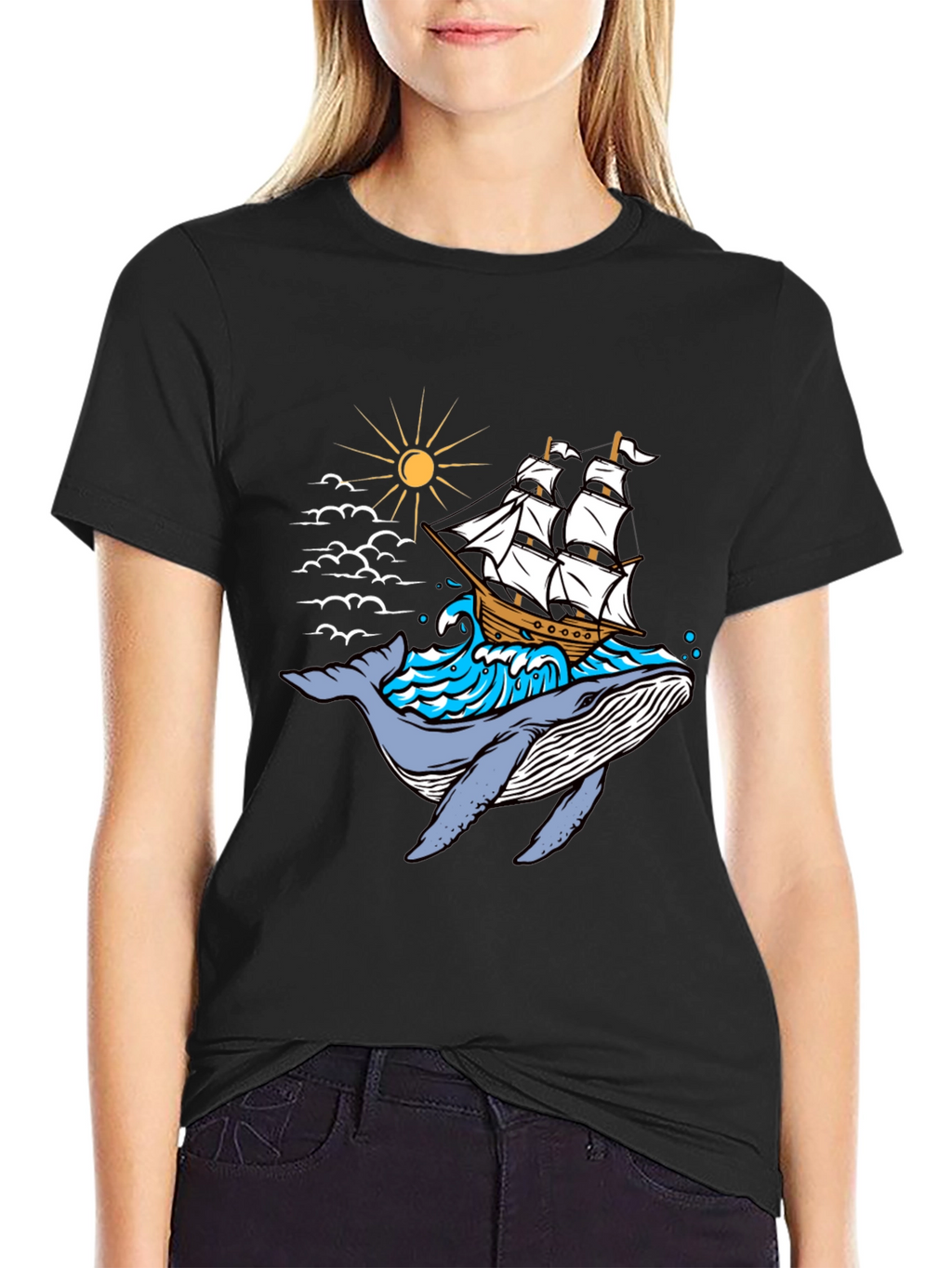 Whale Ship Graphic Tee - Black Cotton T-Shirt