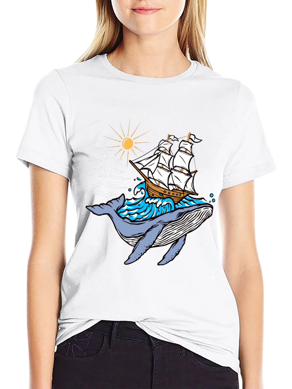 Whale Ship Graphic Tee - Black Cotton T-Shirt