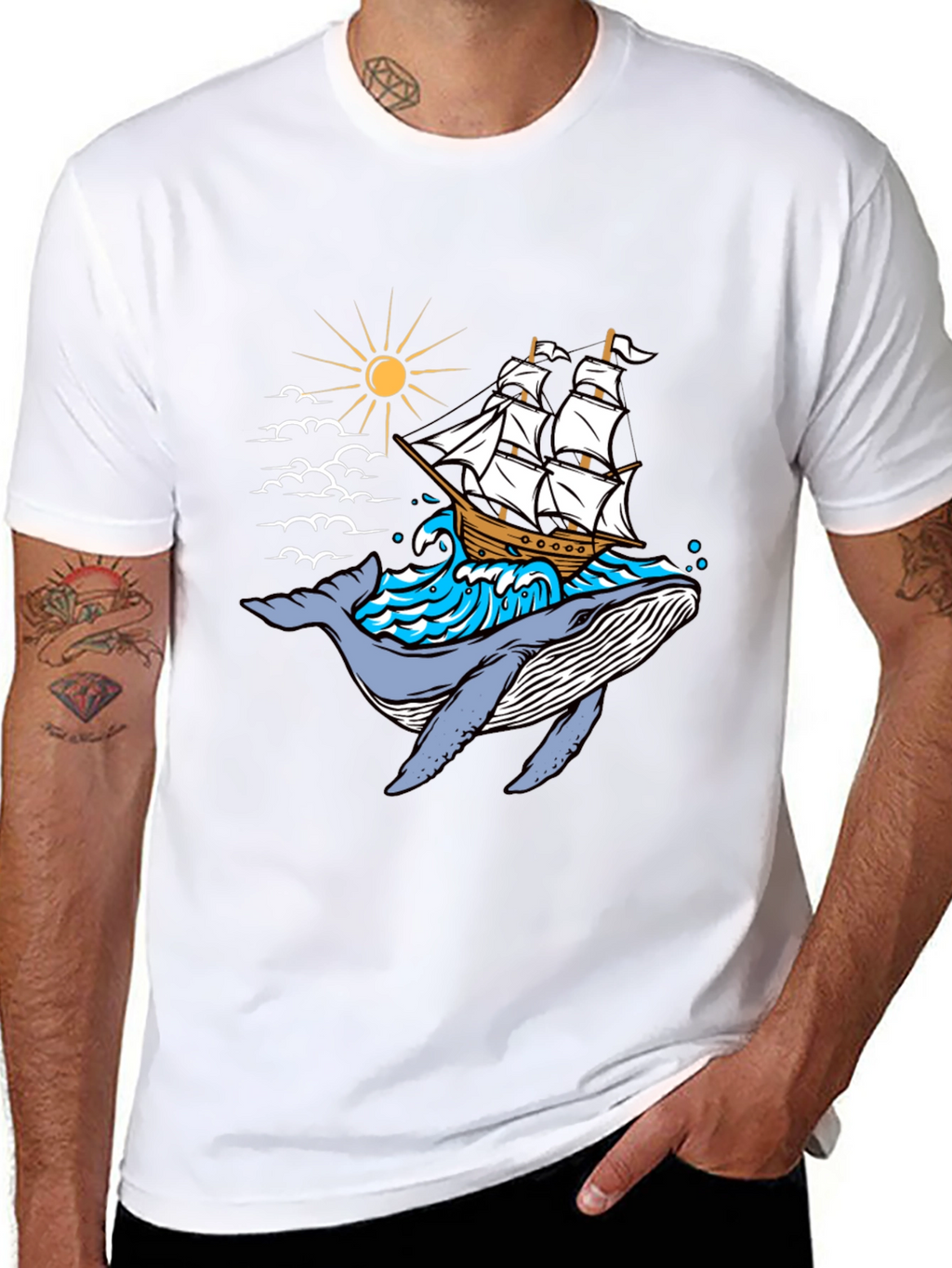 Whale Ship Graphic Tee - Black Cotton T-Shirt