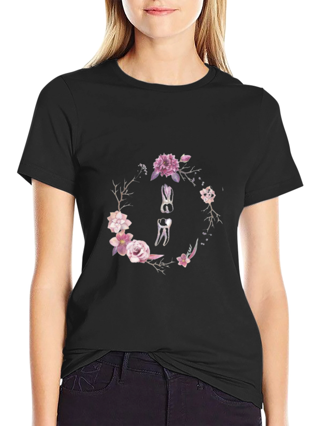 Floral Dental Wreath T-Shirt - Black Cotton Tee