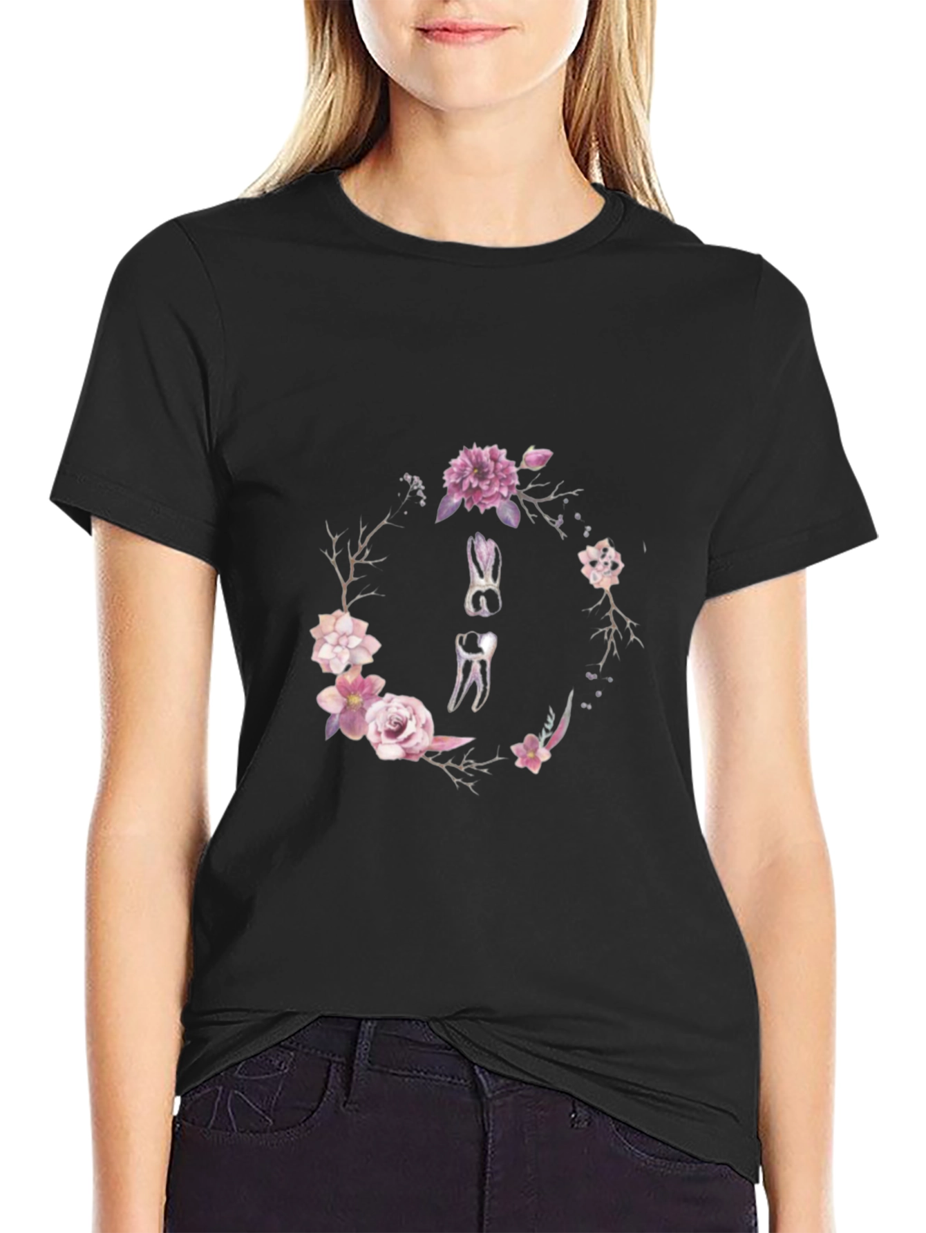 Floral Dental Wreath T-Shirt - Black Cotton Tee
