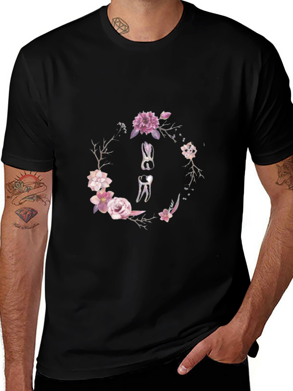 Floral Dental Wreath T-Shirt - Black Cotton Tee