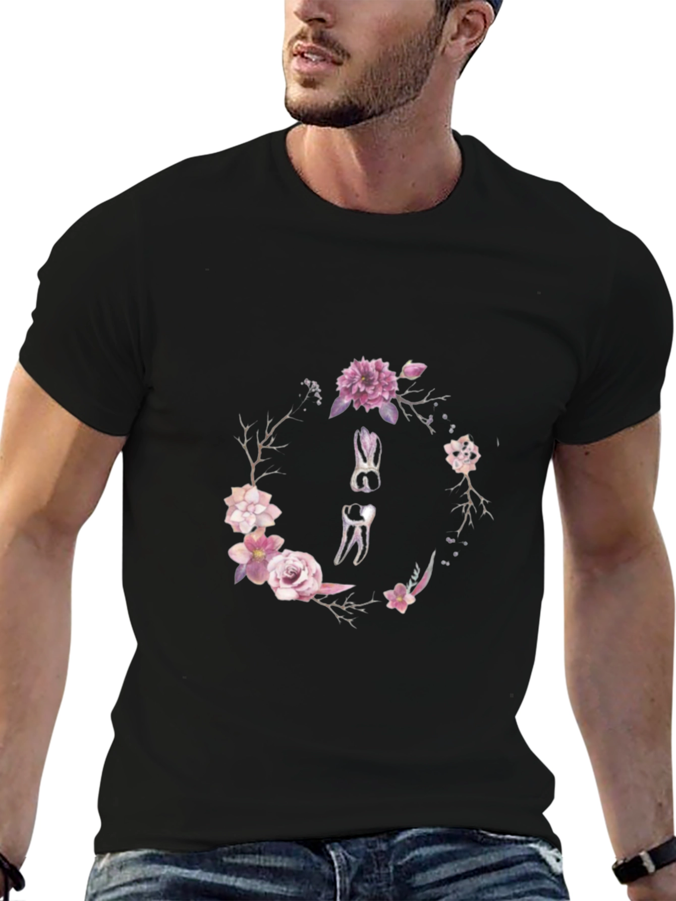 Floral Dental Wreath T-Shirt - Black Cotton Tee