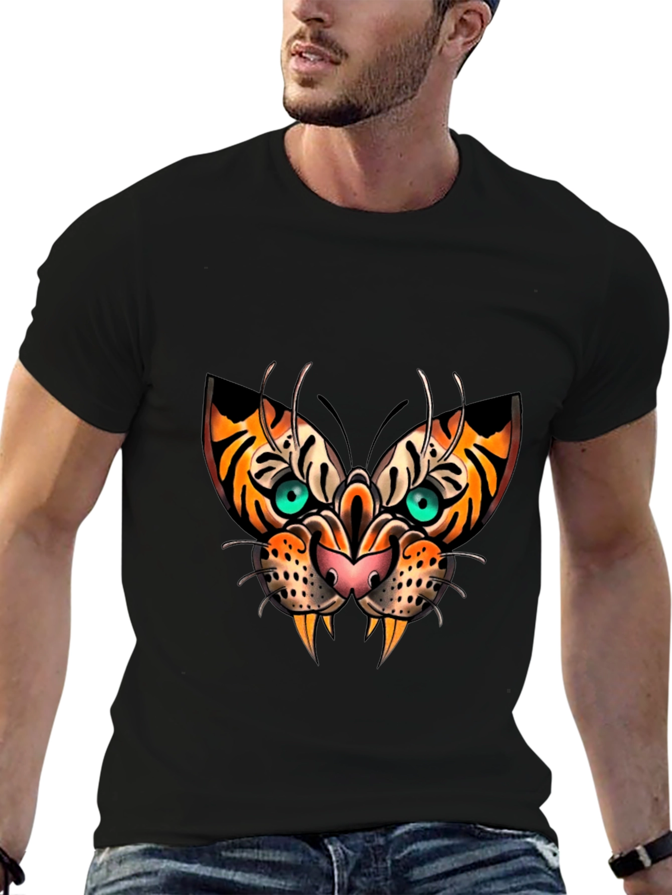Tiger Face Graphic Print Black T-Shirt