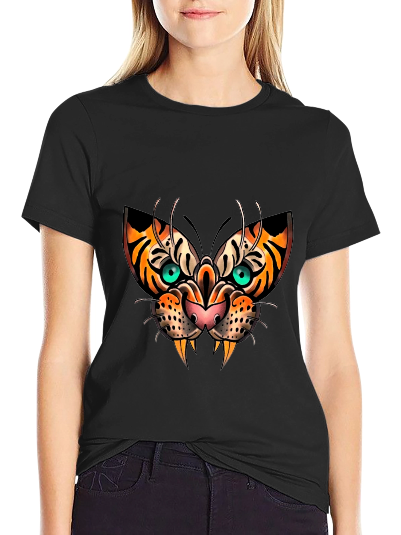 Tiger Face Graphic Print Black T-Shirt