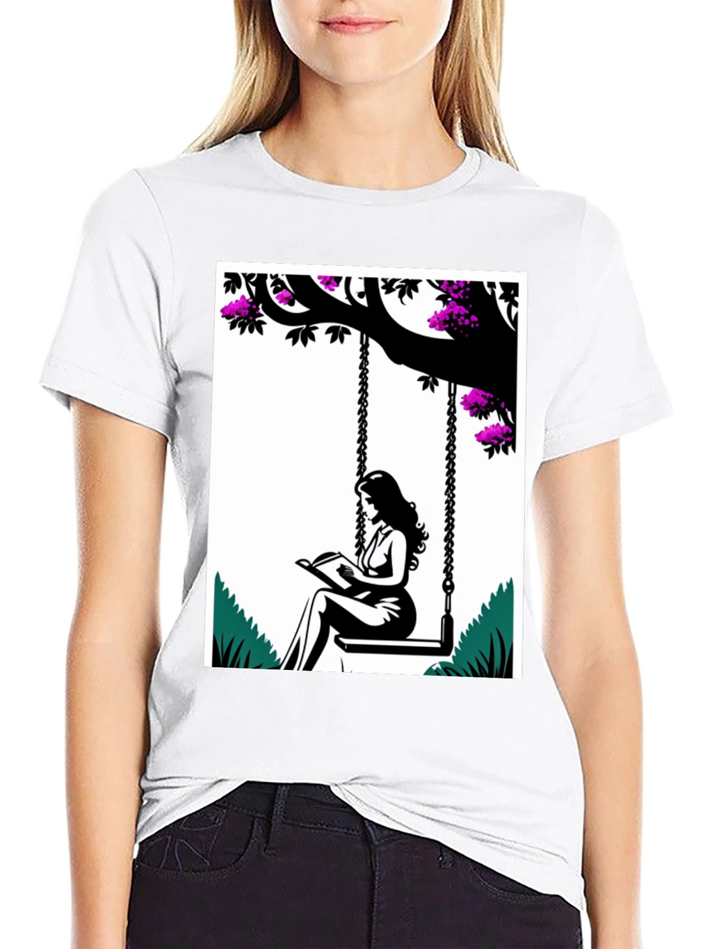 Woman Reading on a Swing Graphic Tee