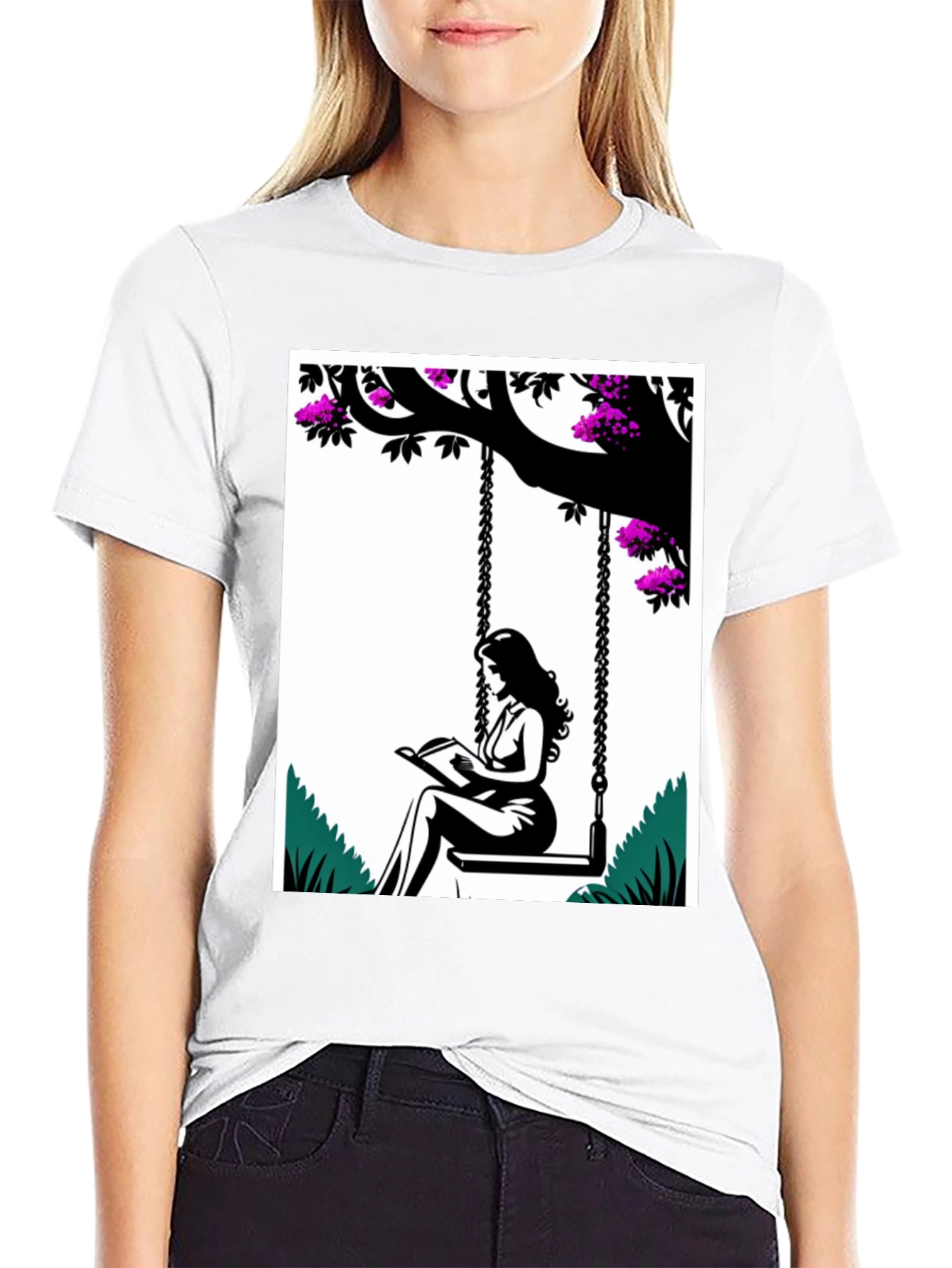 Woman Reading on a Swing Graphic Tee