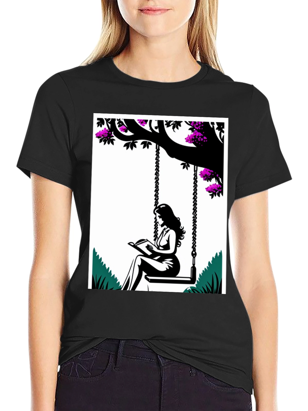 Woman Reading on a Swing Graphic Tee
