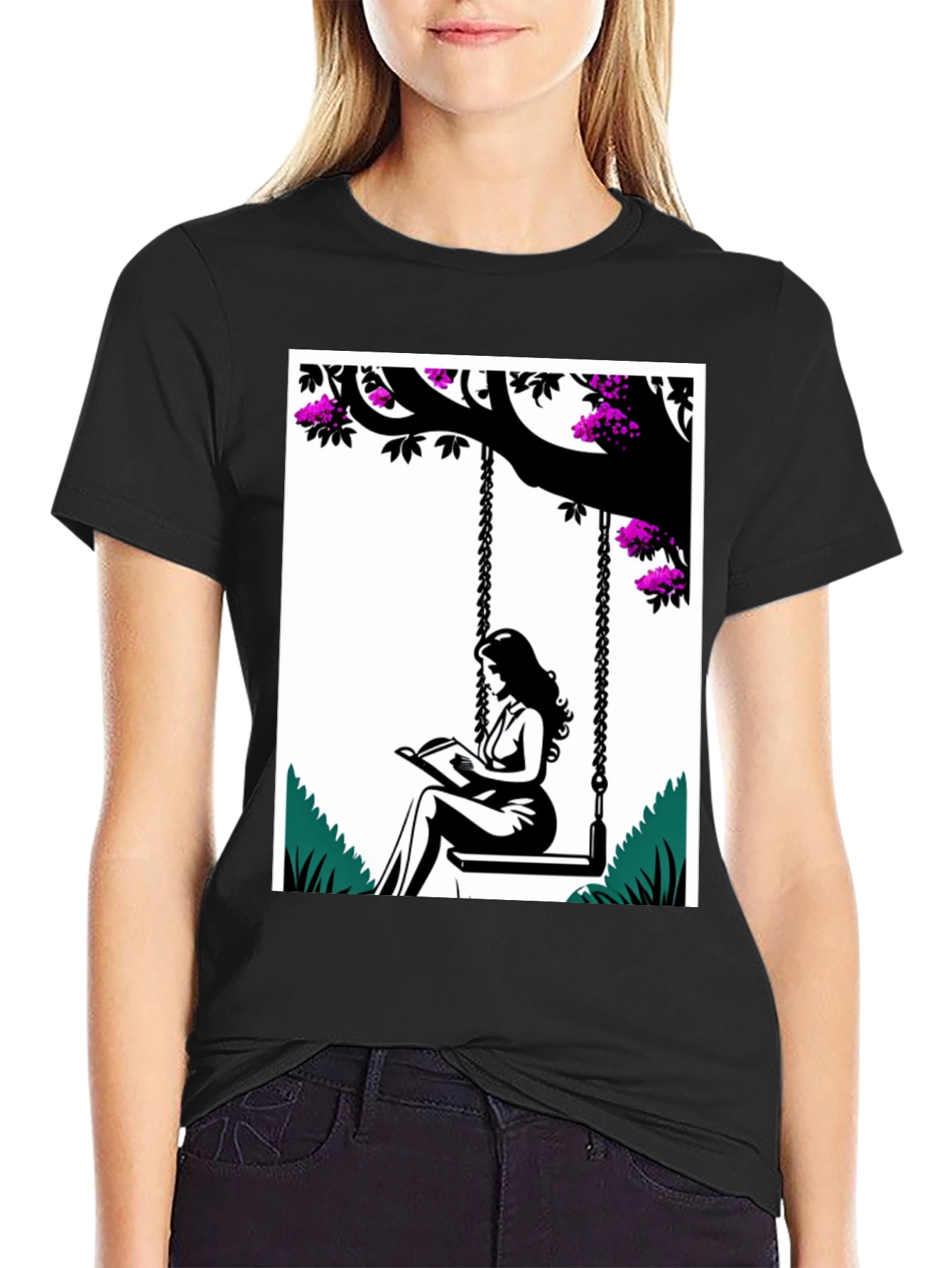 Woman Reading on a Swing Graphic Tee