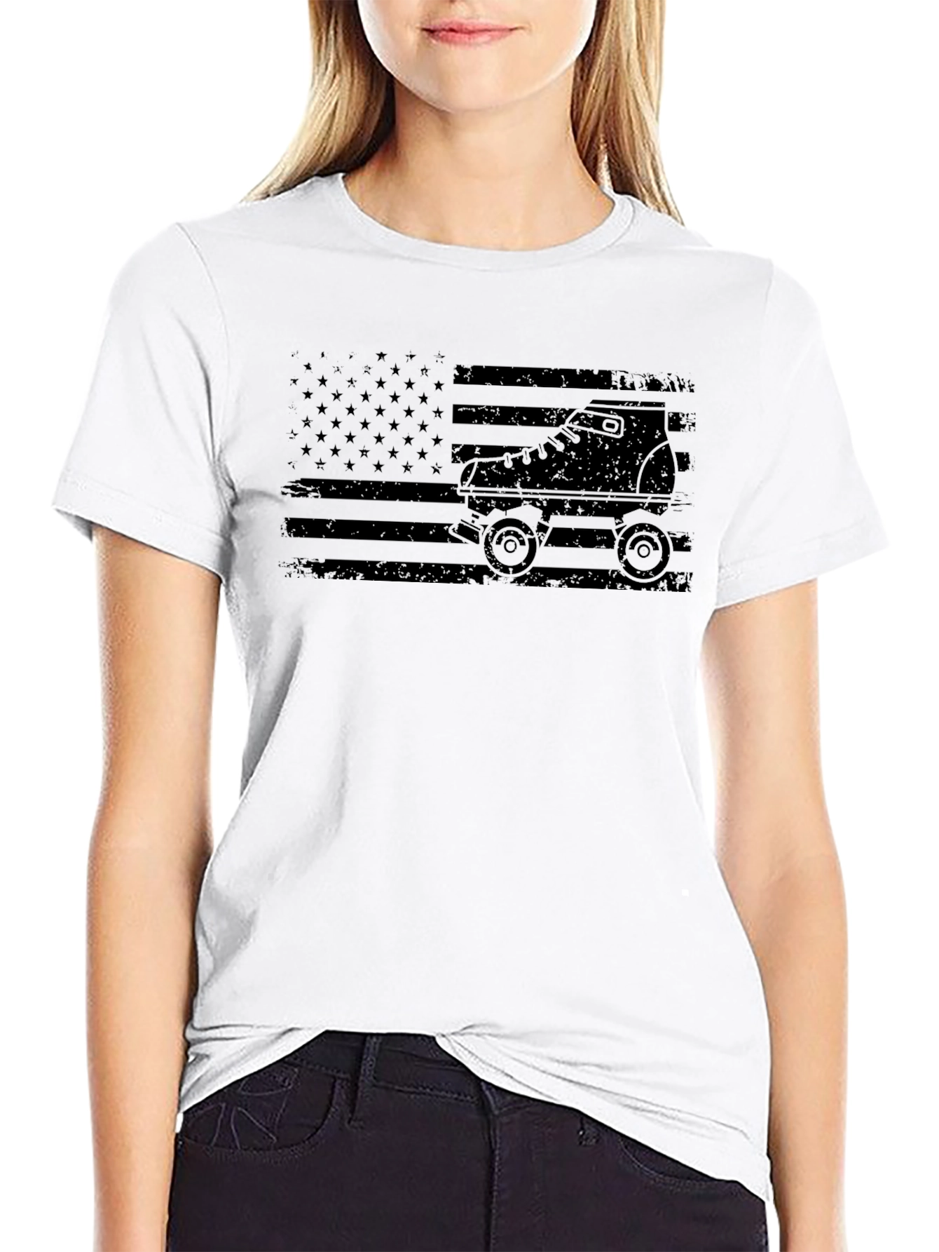 Roller Skate American Flag Black T-Shirt