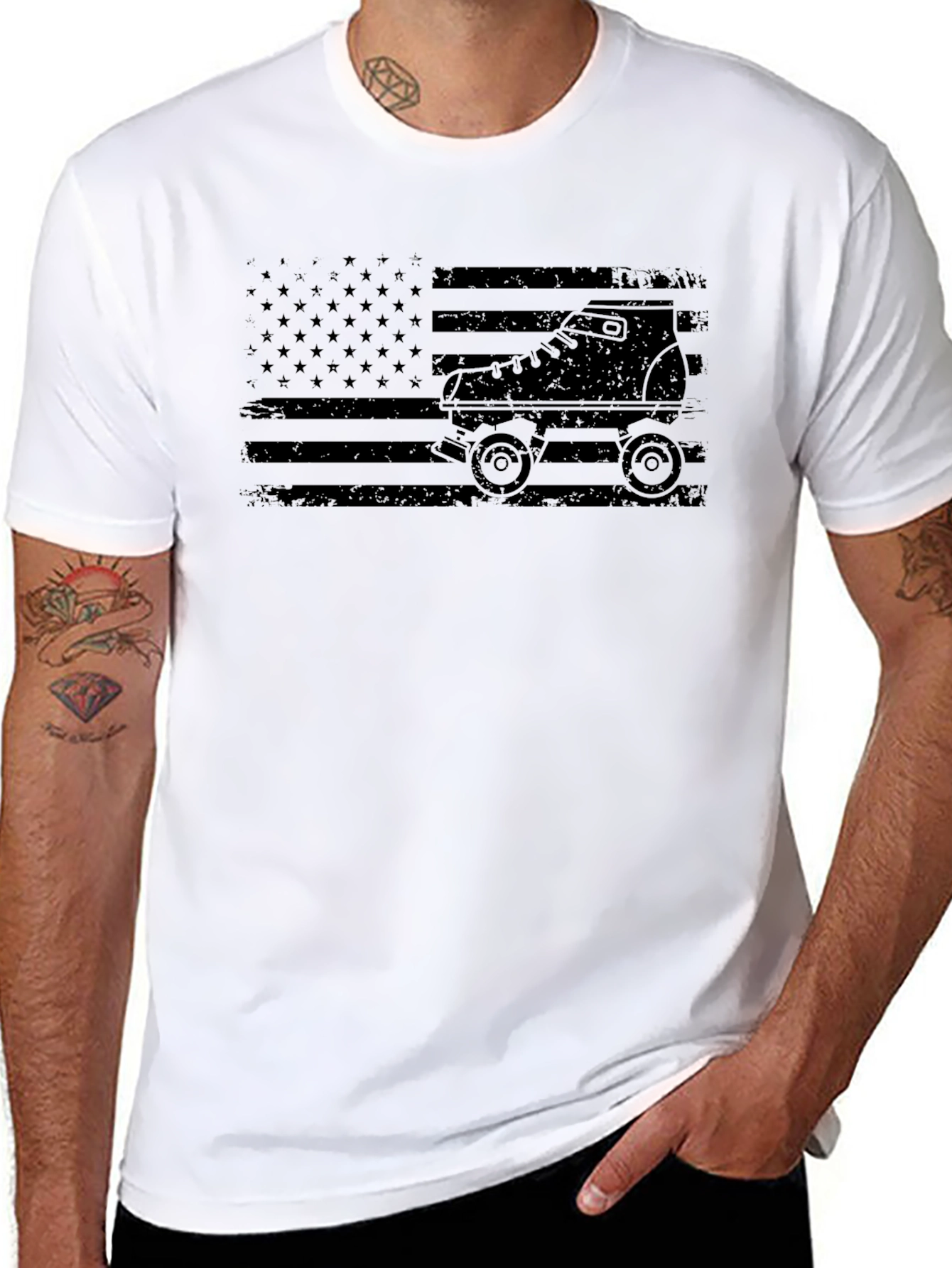 Roller Skate American Flag Black T-Shirt