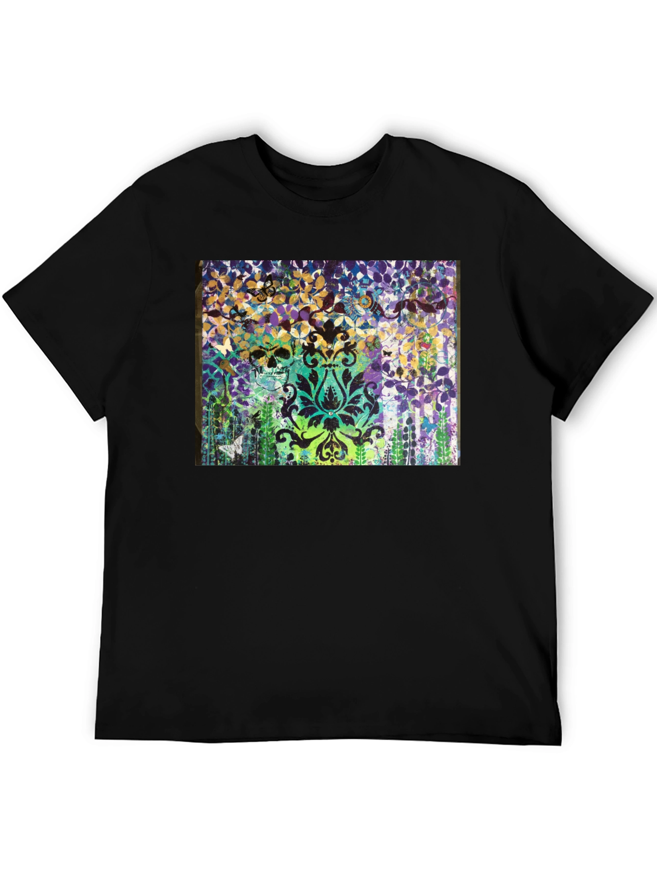 Skull & Floral Graphic Print Black T-Shirt