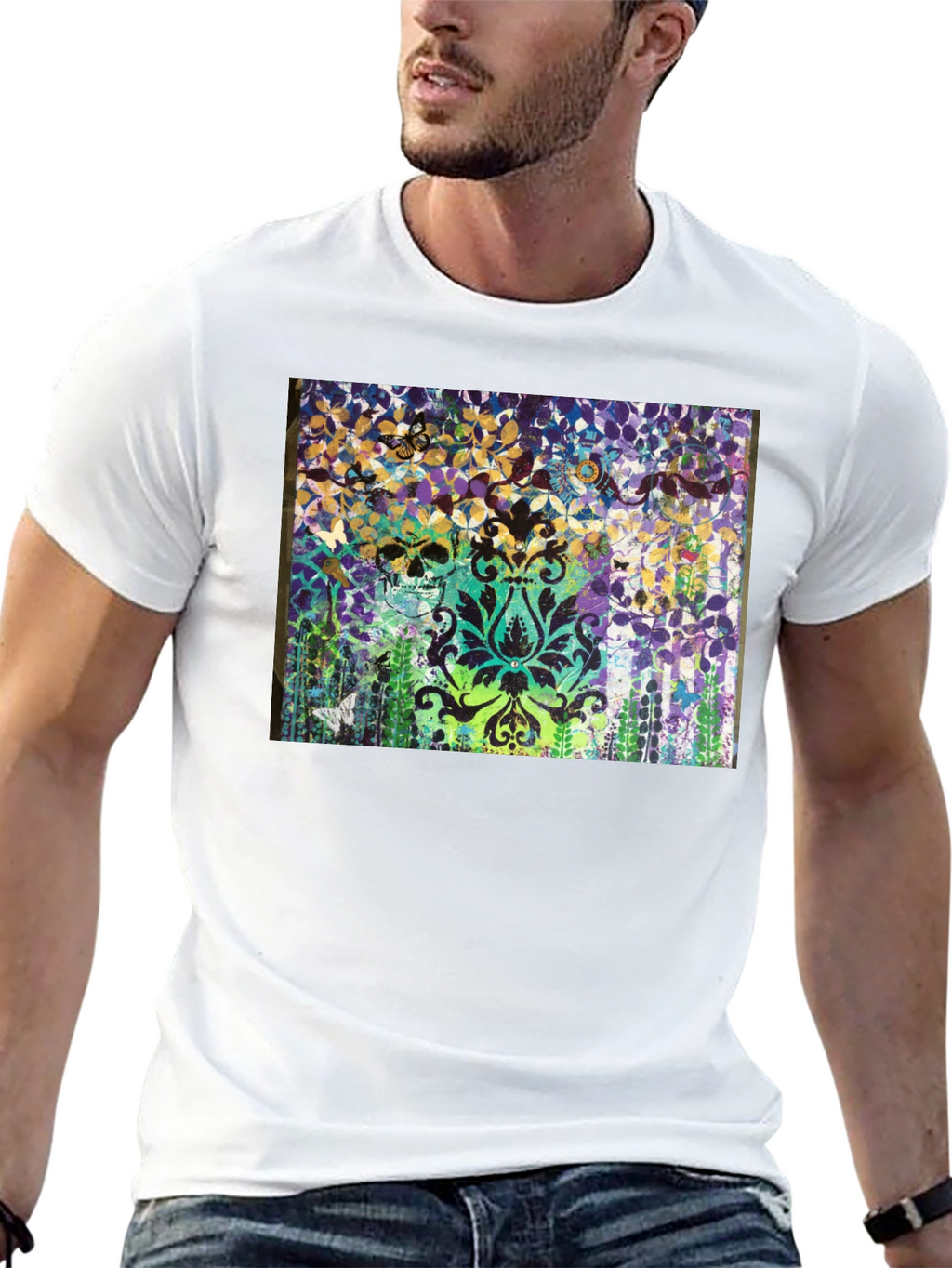 Skull & Floral Graphic Print Black T-Shirt
