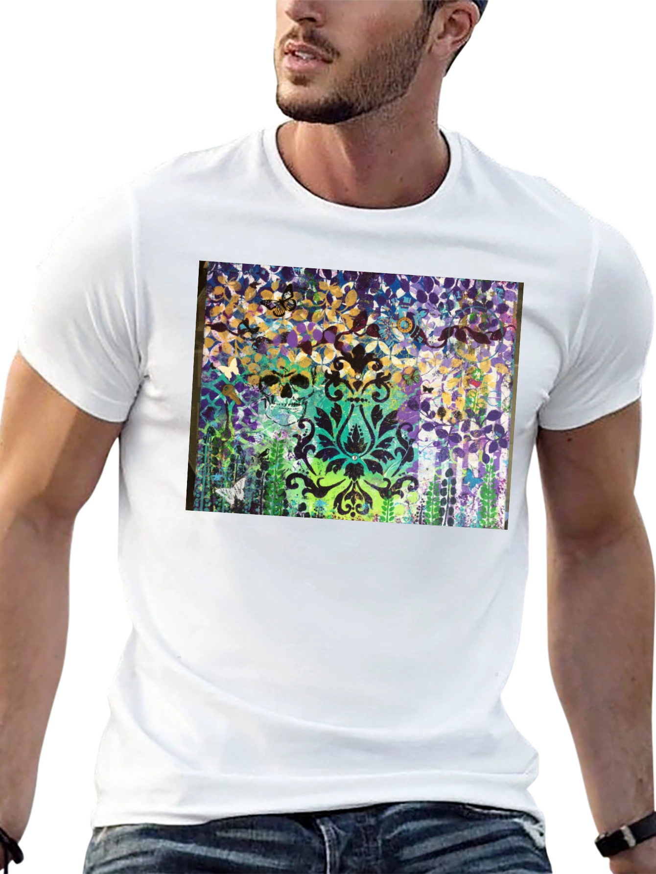 Skull & Floral Graphic Print Black T-Shirt