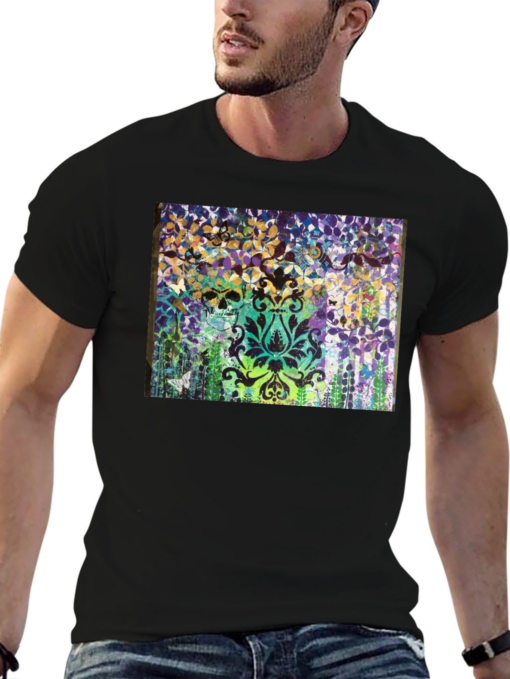 Skull & Floral Graphic Print Black T-Shirt