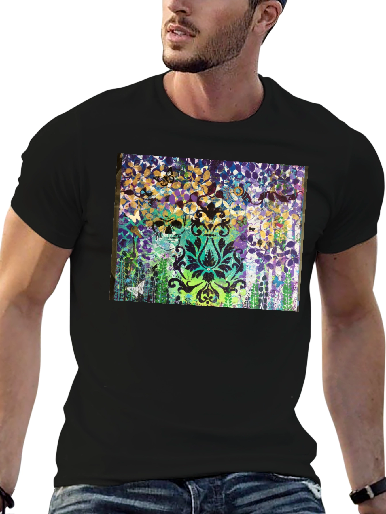Skull & Floral Graphic Print Black T-Shirt