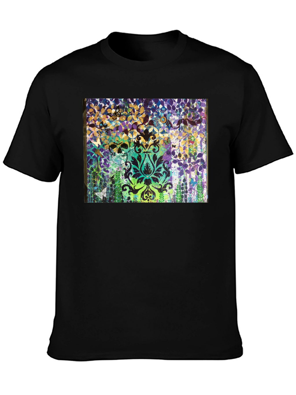 Skull & Floral Graphic Print Black T-Shirt
